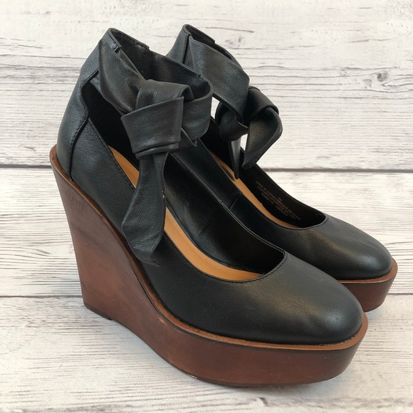 Kimchi Blue Shoes - Kimchi Blue 7 Ankle Wrap Wedge Heels Black Leather